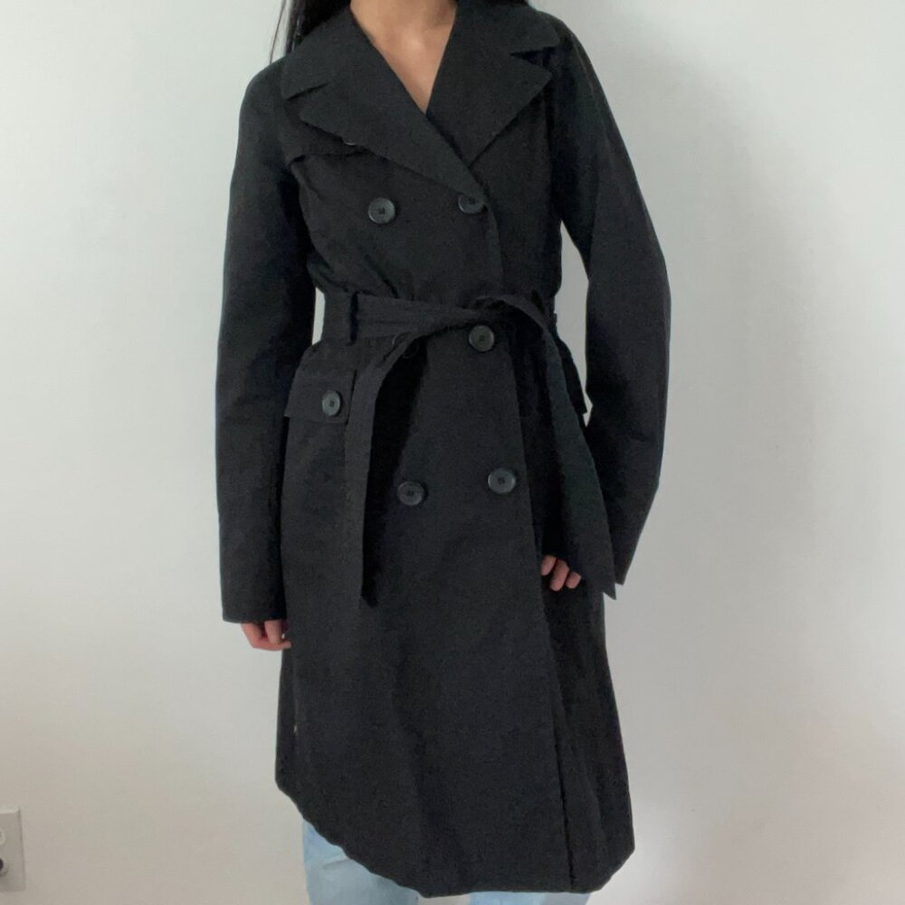 Smart Set Long Black Trench Coat Waist Belt Cotton